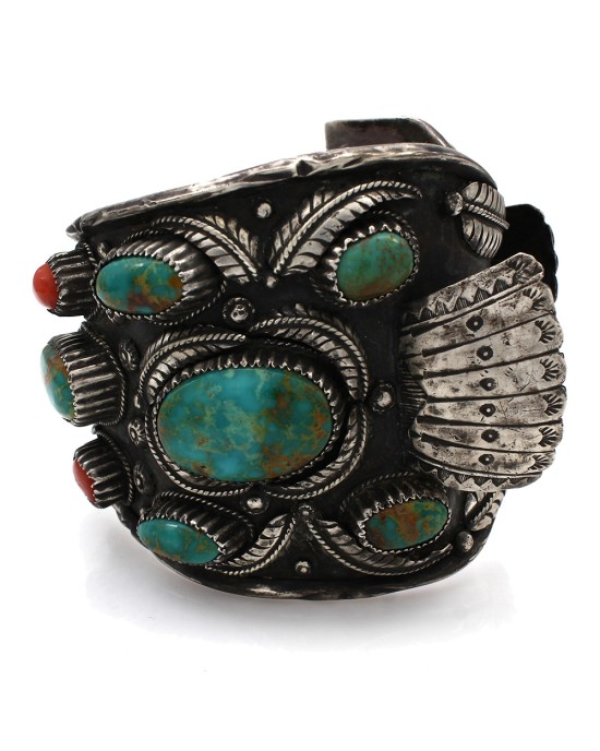 Large Vintage Navajo Sterling Silver Turquoise Watch Cuff Bracelet